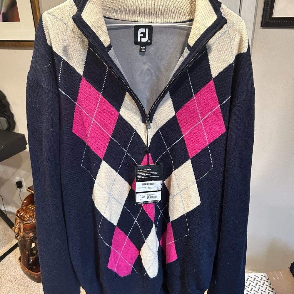 FootJoy Navy and Pink Argyle V-Neck Sweater